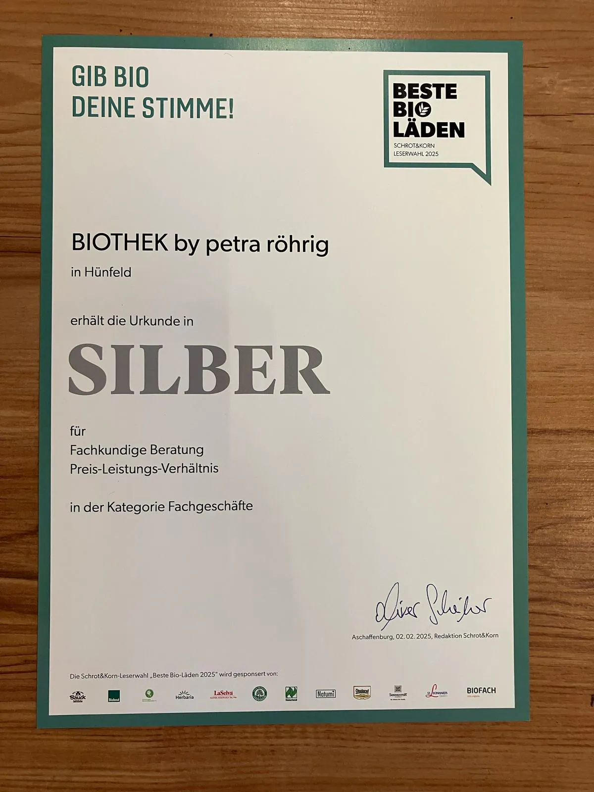 Urkunde der Biothek Fulda 